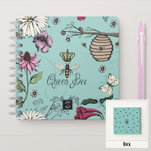 Queen Bee & Crown Turquoise Bloemen Monogram Notitieboek