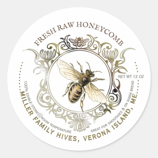 Queen Bee Gold  Lijst Fresh Raw Honingraat Ronde Sticker (Voorkant)