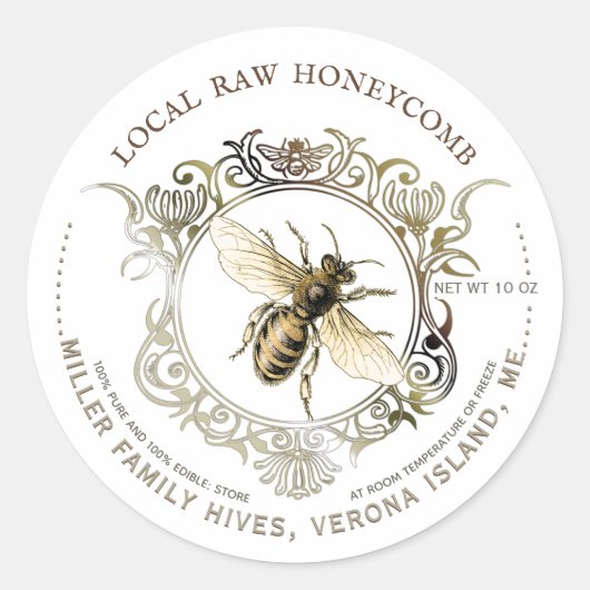 Queen Bee Gold Lijst Raw Honeycomb Label (Voorkant)