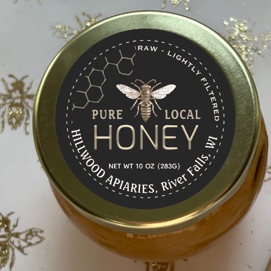Queen Bee Honey Jar Label Raw Local Honey Black