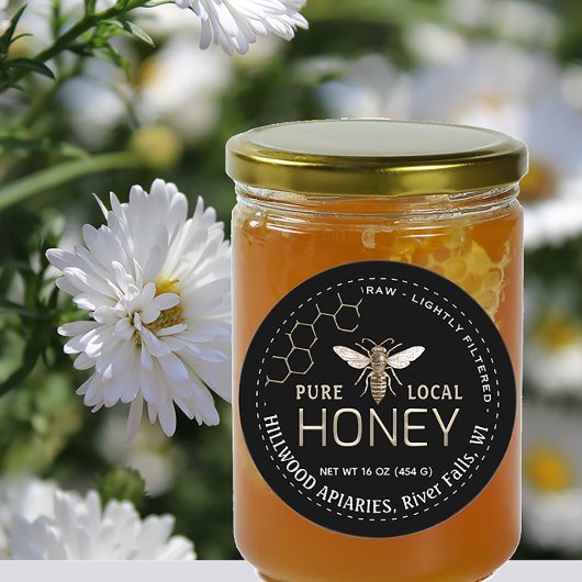 Queen Bee Honey Jar Label Raw Local Honey Black
