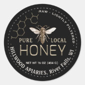 Queen Bee Honey Jar Label Raw Local Honey Black (Voorkant)