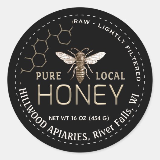 Queen Bee Honey Jar Label Raw Local Honey Black (Voorkant)