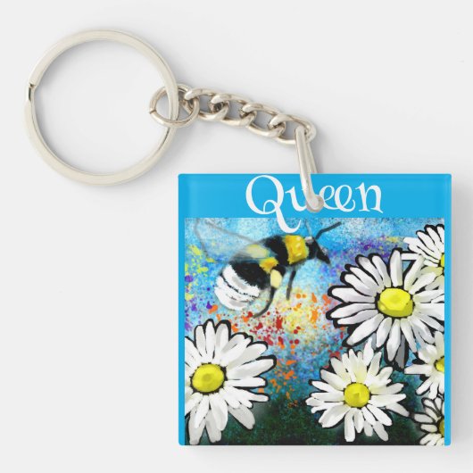 Queen Bee Whimsical Bumblebee in Daisies Schildere Sleutelhanger (Voorkant)