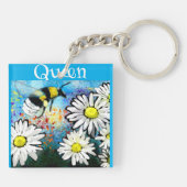 Queen Bee Whimsical Bumblebee in Daisies Schildere Sleutelhanger (Achterkant)