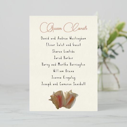 Queen Conch Seashell Guest List Table Seating Kaar Folie Uitnodiging (Staand Voorkant)