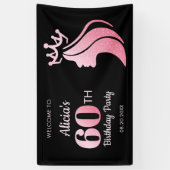 Queen Crown Roze Glitter Zwart 60ste verjaardag Spandoek (Verticaal)
