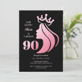 Queen Crown Roze Glitter Zwart 90ste verjaardag Kaart (Staand voorkant)