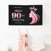 Queen Crown Roze Glitter Zwart 90ste verjaardag Spandoek (Insitu)
