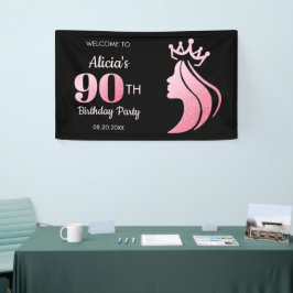 Queen Crown Roze Glitter Zwart 90ste verjaardag Spandoek