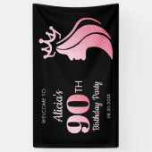 Queen Crown Roze Glitter Zwart 90ste verjaardag Spandoek (Verticaal)