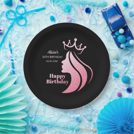 Queen Crown Roze Glitter Zwart Gelukkige Verjaarda Papieren Bordje (Feest)