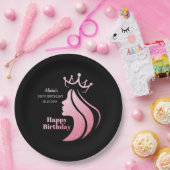 Queen Crown Roze Glitter Zwart Gelukkige Verjaarda Papieren Bordje (Feest)