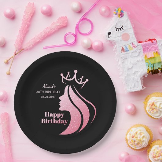 Queen Crown Roze Glitter Zwart Gelukkige Verjaarda Papieren Bordje (Feest)