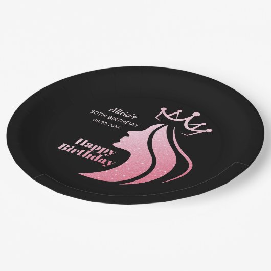 Queen Crown Roze Glitter Zwart Gelukkige Verjaarda Papieren Bordje (Gekanteld)