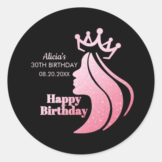 Queen Crown Roze Glitter Zwart Gelukkige Verjaarda Ronde Sticker (Voorkant)