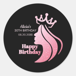 Queen Crown Roze Glitter Zwart Gelukkige Verjaarda Ronde Sticker