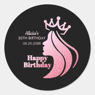 Queen Crown Roze Glitter Zwart Gelukkige Verjaarda Ronde Sticker
