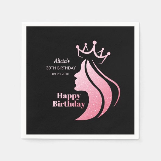 Queen Crown Roze Glitter Zwart Gelukkige Verjaarda Servet (Voorkant)
