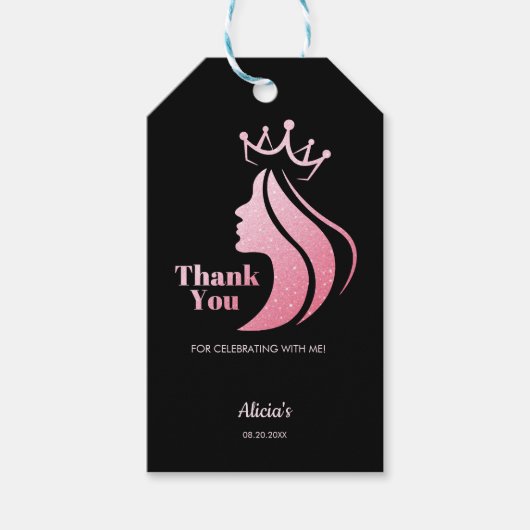 Queen Crown Roze Glitter Zwart Verjaardag Dank u Cadeaulabel (Voorkant)