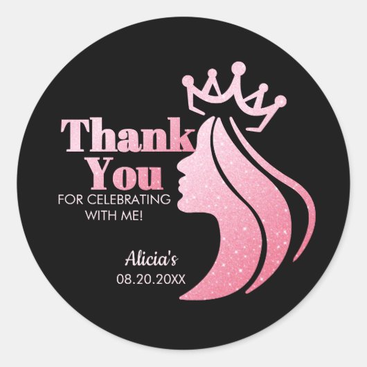 Queen Crown Roze Glitter Zwart Verjaardag Dank u Ronde Sticker (Voorkant)