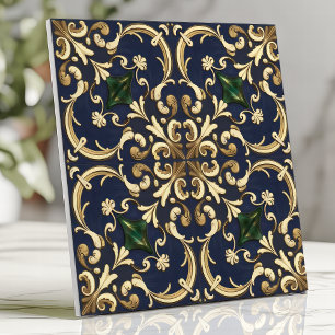 Queen Esther Damask Scroll Navy Blauw Goud Tegeltje