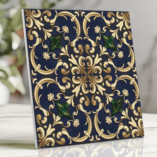 Queen Esther Damask Scroll Navy Blauw Goud Tegeltje