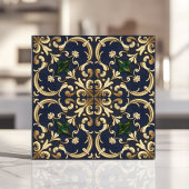 Queen Esther Damask Scroll Navy Blauw Goud Tegeltje