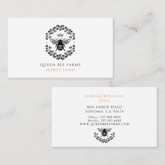 Queen Honey Bee Crown Zwart Wit Goud Apiary Visitekaartje (Voorkant / Achterkant)