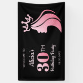 Queen Kroon Roze Glitter Zwart 30e Verjaardag Spandoek (Verticaal)