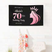 Queen Kroon Roze Glitter Zwart 70e Verjaardag Spandoek (Insitu)