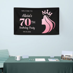 Queen Kroon Roze Glitter Zwart 70e Verjaardag Spandoek