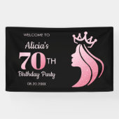 Queen Kroon Roze Glitter Zwart 70e Verjaardag Spandoek (Horizontaal)