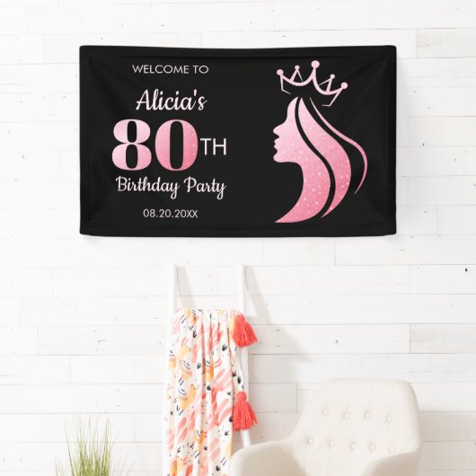 Queen Kroon Roze Glitter Zwart 80ste Verjaardag Spandoek (Insitu)