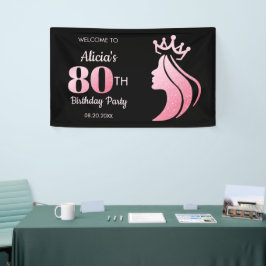 Queen Kroon Roze Glitter Zwart 80ste Verjaardag Spandoek