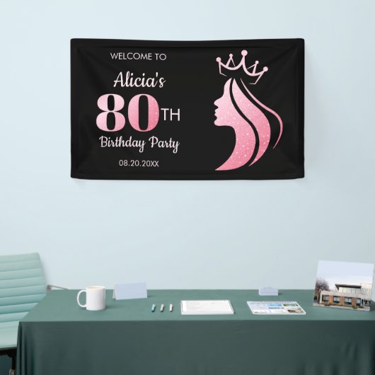 Queen Kroon Roze Glitter Zwart 80ste Verjaardag Spandoek (Beurs)