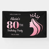 Queen Kroon Roze Glitter Zwart 80ste Verjaardag Spandoek (Horizontaal)