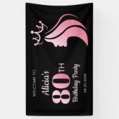 Queen Kroon Roze Glitter Zwart 80ste Verjaardag Spandoek (Verticaal)