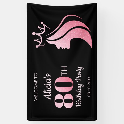 Queen Kroon Roze Glitter Zwart 80ste Verjaardag Spandoek (Verticaal)