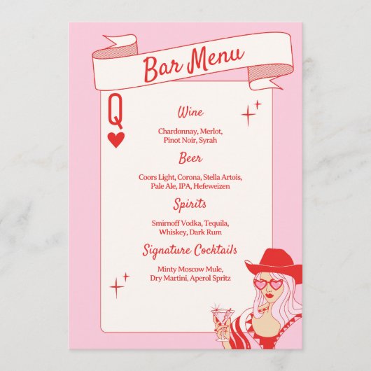 Queen of hearts Bar Menu Roze Rood (Voorkant)