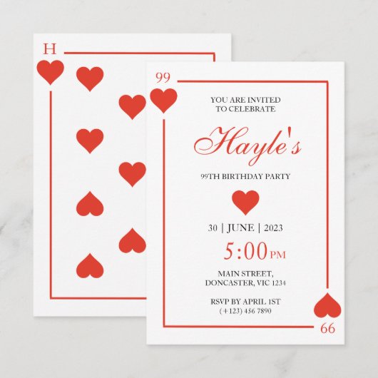 Queen of Hearts Casino Speelkaarten 99e Verjaardag Kaart (Voorkant / Achterkant)