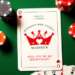 Queen of Hearts Poker Bridesmaid Proposal Kaart<br><div class="desc">Deze Queen of Hearts-speelkaart met kaartenthema bruidsmeisje-voorstelkaart is voorzien van kaartsymbolen en aangepaste tekst, en biedt een unieke manier om je beste vrienden te vragen deel uit te maken van je speciale dag. Perfect voor een spelavond of een door het casino van Las Vegas geïnspireerd trouwthema, het is een ideale...</div>