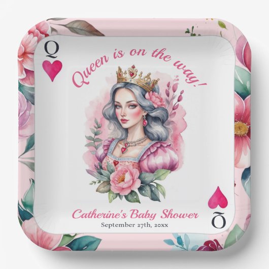 Queen of Hearts speelt Kaart roze Baby shower Papieren Bordje (Voorkant)