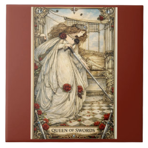 Queen of Swords Tarotkaart Art Nouveau Vintage  Tegeltje