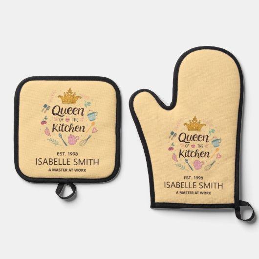 Queen of the Kitchen Custom Name Design Ovenwant & Pannenlap Set (Voorkant)