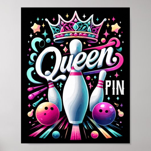 Queen Pin Shirt Bowler Bowling League Voor Bowling Poster (Voorkant)