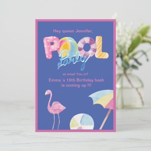 Queen Pool Party Bash: Trendy Roze blauw kinder ti Kaart (Staand voorkant)