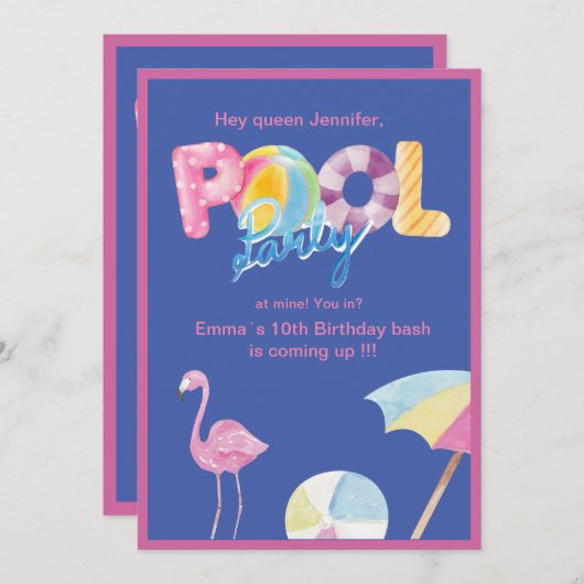 Queen Pool Party Bash: Trendy Roze blauw kinder ti Kaart (Voorkant / Achterkant)