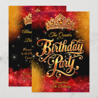 Queen Princess Birthday Gold Orange Red Party Kaart