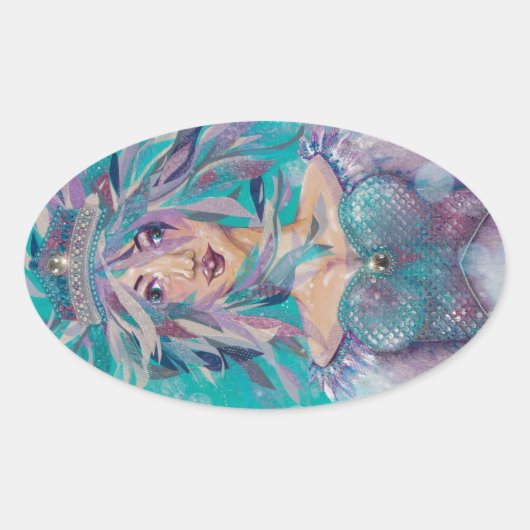 Queen Safine Blue Paars Mermaid Ocean Princess Ovale Sticker (Voorkant)